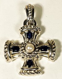Judith Ripka Sterling Silver Maltese Cross Enhancer Pendant Having Sapphires And Pearl