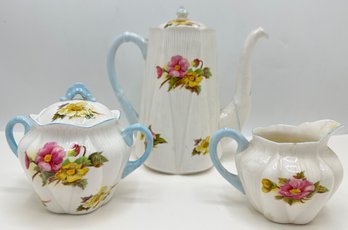 Vintage Shelley England Begonia Pattern Coffee Pot, Sugar Bowl & Creamer