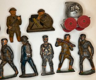 Vintage Lot Toy Lead Rubber Figures WWI WWII Soldiers Sailor - Large - 3 .25 Inches H -GAS Tank Wooden Wheels