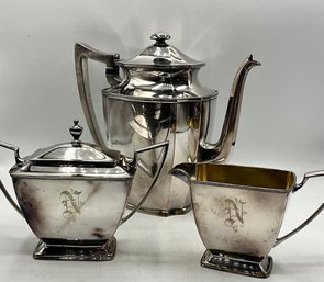 Vintage Art Deco Silver Plate Coffee Pot, Creamer & Sugar