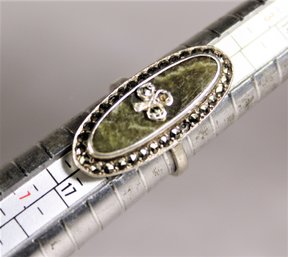 Vintage Elongated Marcasite Shamrock Agate Sterling Silver Ring Size 5