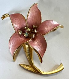 VINTAGE SIGNED PINK ENAMEL AURORA RHINESTONE FLOWER BROOCH