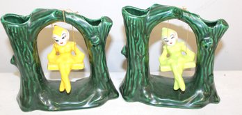 Vintage Hollywood Ceramic  California Pottery Yellow And Green Pixie Bud Vases