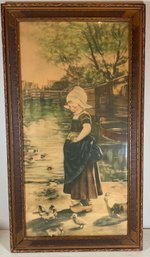 Vintage Artwork Dutch Girl With Ducklings