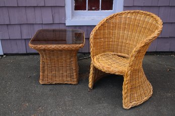 Mid Century Rattan Chair And Side Table- Lot 2