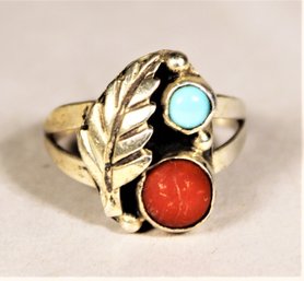 Vintage Southwestern Sterling Silver Turquoise Coral Ring Size 8.5