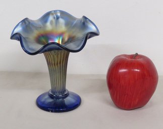 A Blue Iridized Fenton Carnival Glass Ruffled & Flared Rim Bud Vase