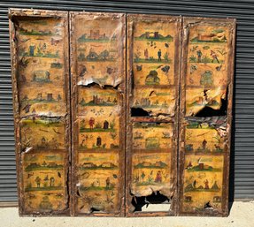 Antique Hand Painted Leather Room Divider