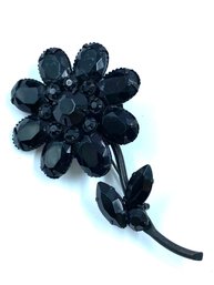 Fabulous Vintage Jet On Jet Black Figural Flower Rhinestone Brooch