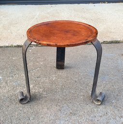 Vintage Iron And Leather Top Drink Drop Side Table With Scroll Legs