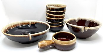 Vintage Brown Drip Glazed Pottery Serving Bowls, 6 Soup Bowls & Handled Bowl By Arbor International