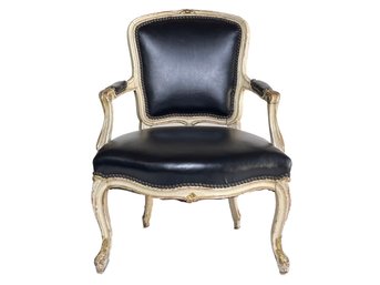 A Vintage Louis XV Style Fauteuil In Black Leather With Nailhead Trim