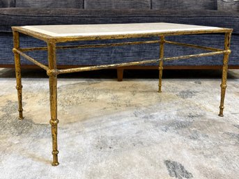 A Vintage Gilt Cast Iron And Travertine Marble Cocktail Table In Style Of Giacometti