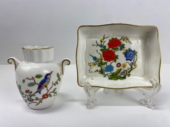 Aynsley Bone China Famille Rose Dish And Pembroke Vase (2)