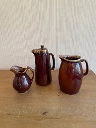 Lot Of 3 Vintage Brown Drip Glaze Pottery Pieces Hull