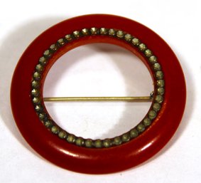 1930s Red Bakelite Plastic Circular Brooch Pin