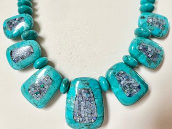 GORGEOUS SIGNED JAY KING TURQUOISE & OPAL INLAYED REVERSIBLE NECKLACE