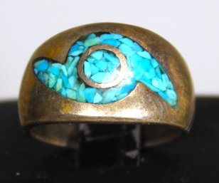 Vintage Mexican Sterling Silver Heavy Ring Having Crushed Turquoise Ring