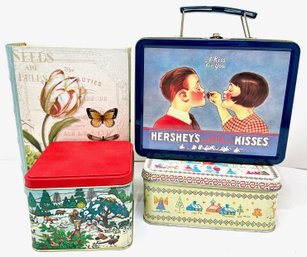 Hershey's Kisses Tin Lunch Box, 2 Covered Christmas Tin Boxes & Faux Book Paper Box