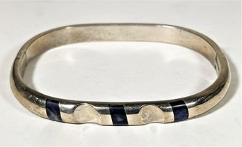1980s Vintage Heavy Mexican Sterling Silver And Lapis Hinged Bangle Bracelet