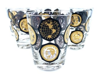 Set Of 6 Vintage Coins Around The World Double Old Fashioned Cocktail Glasses