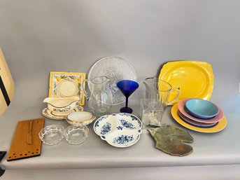 Table Lot Of Misc Glass And Ceramic Items Including Royal Worcester Dish