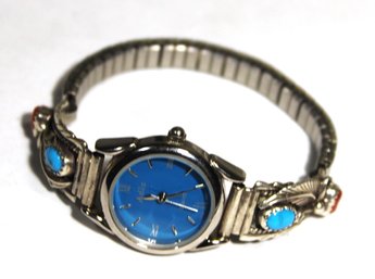 Southwestern Silver Tone And Sterling Silver Turquoise And Coral Wristwatch