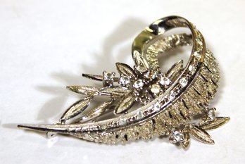 Vintage French Sterling Silver Brooch Having Paste Stones Floral And Leaf Form