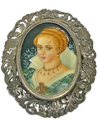 .800 Silver Antique Miniature Portrait Brooch Of Woman Fancy Silver Frame