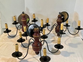 3 Wood Chandeliers Wired With 5 Candelabra Sockets. Americana Red With Gold Bands. See Description For Details