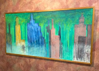Colorful Vintage Abstract Cityscape Oil On Masonite By John Gernak