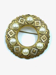 Gorgeous Vintage Embossed Brass Wreath W/ Faux Pearls Brooch - Spain