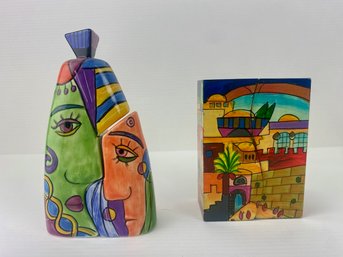 Colorful Hand Ptd Faces And Cityscape Salt & Pepper Shaker Sets (2)