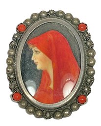 .800 Fine Silver Framed Miniature Portrait Brooch Having Coral Stones