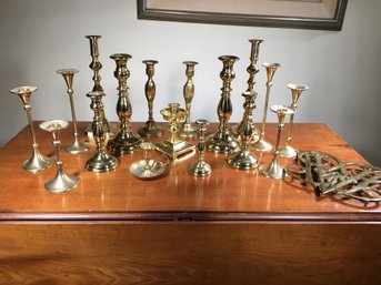 Fabulous Large Group Lot Of All Brass Candle Holders - Some Good Names STIFFEL / Virginia Metal Crafters