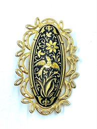 Vintage Goldtone & Black Dramascene Style Brooch