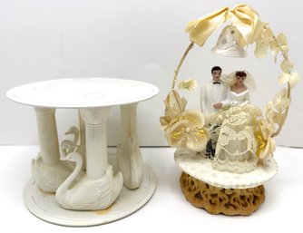 Vintage Wedding Swan Cake Pillars With Stand By Bush & Cake Topper