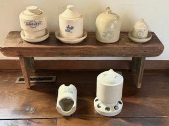 Set 6 Antique Stoneware Chicken Feeders