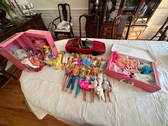 Lot Of Barbie Dolls, Accessories With Barbie Car