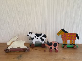 Lot Of 4 Wooden Painted Animal Pull Toys