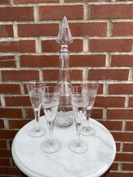 Vintage Crystal Decanter W/ 4 Flared Flute Glasses