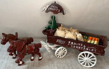 Vintage Cast Iron Toy Fruit & Veg Man - Horse Drawn Cart - Umbrella - Crates - Sacks Flour Sugar Coffee Tea