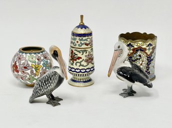 Miniature Brass Cloisonne Footed Jar, Porcelain Pelican Figurines And More