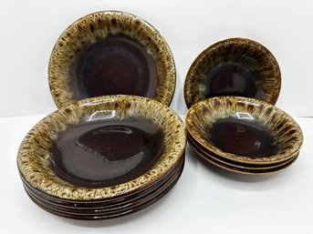 Vintage Brown Drip Glazed Pottery Bowls: 6 Large & 6 Small