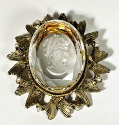 Gold Tone Large Glass Intaglio Cameo Brooch (missing Pin Backing)