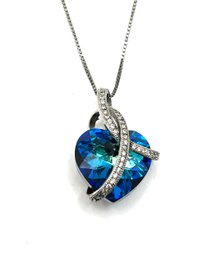 Gorgeous Sparkly Blue Prism Heart And Clear Stones Pendant On Italian Sterling Silver Chain