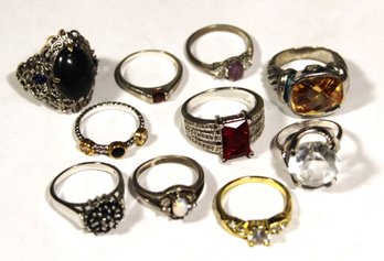 Lot 10 Various Silver Tone Fashion Rings Various Sizes