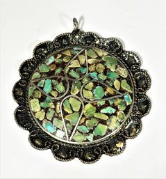 Ethnographic Silver Round Pendant Having Crushed Turquoise Stone Mosaic