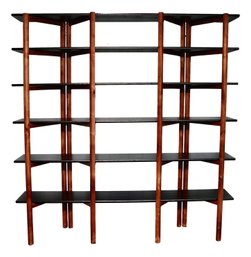 Wood Hinged Wood Trestle Wall Unit With Black Shelving