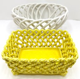 2 Vintage Ceramic Baskets, Yellow From Spain